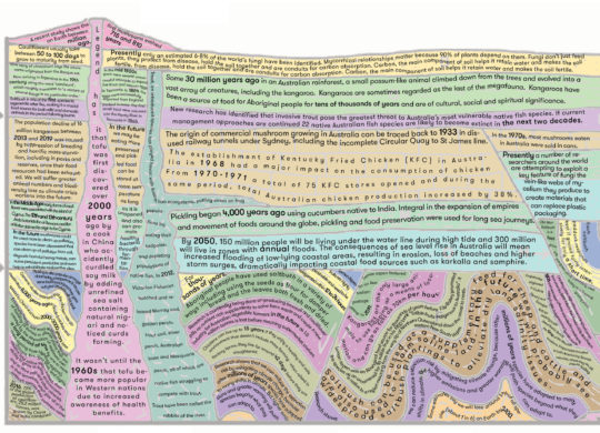 artwork image made up of various texts about time and food overlayed onto a deep time map